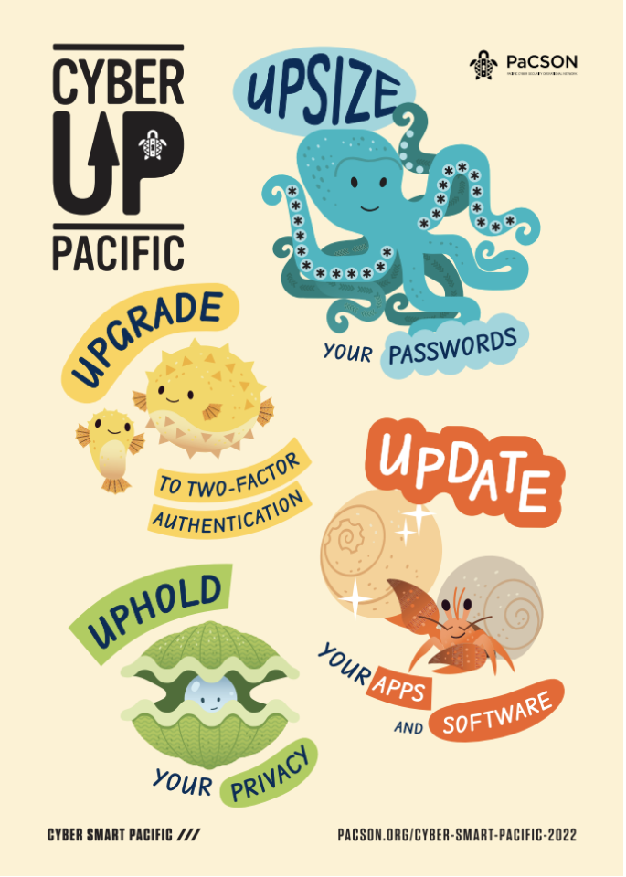 Cyber Up Pacific A5 Poster with cartoon characters depicting each recommended security practice.
